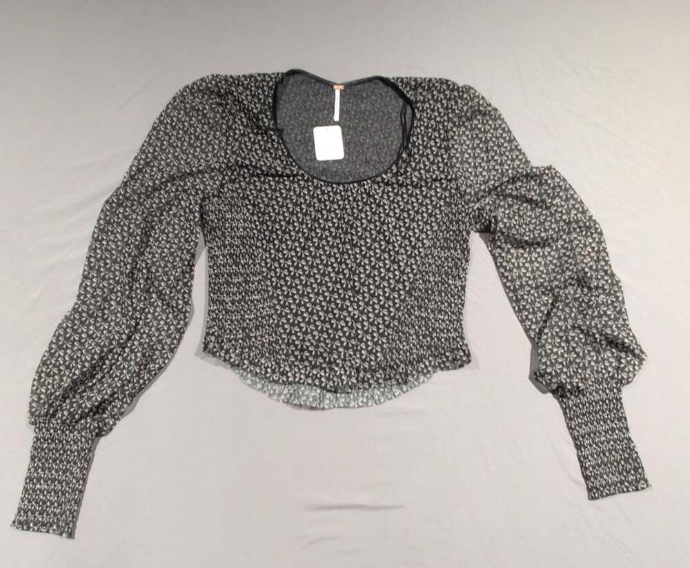 Free People Dottie Printed Long Sleeve Knit Top Black Combo Size L New WT